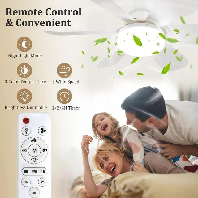 Alt view image 2 of 7 - 20.5"Socket Fan Light with Remote,E26 Base 40W/3000-6000K Dimming | Portable Small Screw in Ceiling Fan with Light Bulb for Bedroom,Kitchen,Garage,3Color Modes,1900LM 8-Level Dimming Brightness