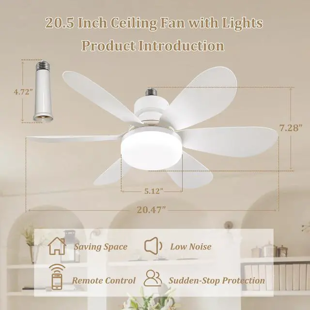 Alt view image 6 of 7 - 20.5"Socket Fan Light with Remote,E26 Base 40W/3000-6000K Dimming | Portable Small Screw in Ceiling Fan with Light Bulb for Bedroom,Kitchen,Garage,3Color Modes,1900LM 8-Level Dimming Brightness