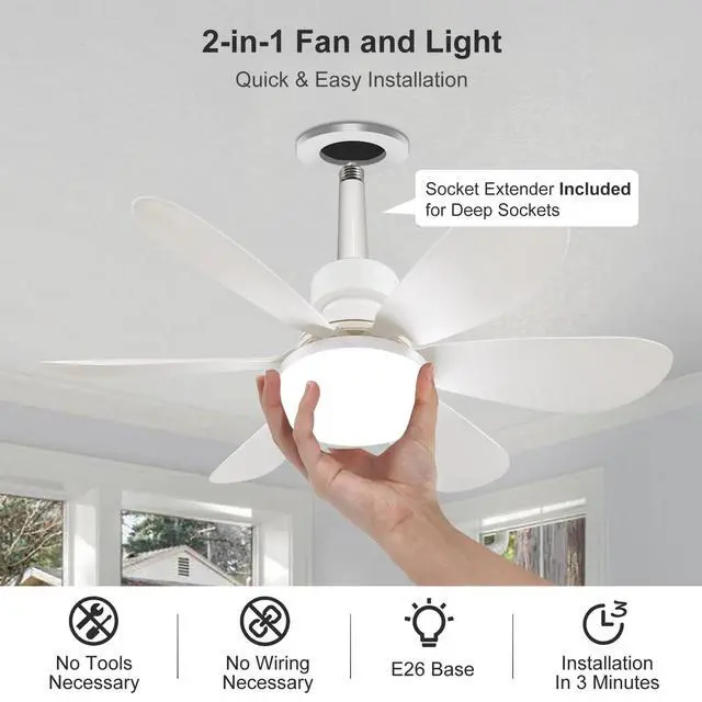 Alt view image 7 of 7 - 20.5"Socket Fan Light with Remote,E26 Base 40W/3000-6000K Dimming | Portable Small Screw in Ceiling Fan with Light Bulb for Bedroom,Kitchen,Garage,3Color Modes,1900LM 8-Level Dimming Brightness