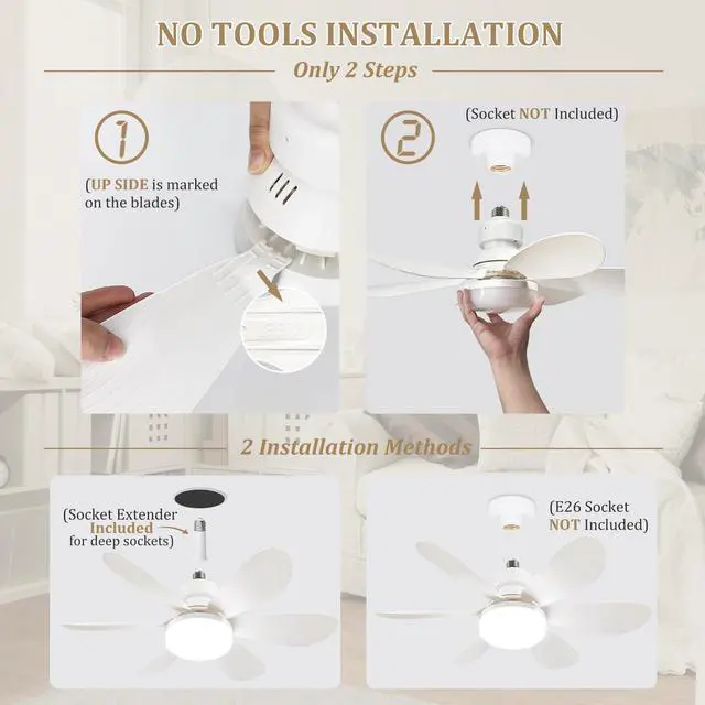 Alt view image 5 of 7 - 20.5"Socket Fan Light with Remote,E26 Base 40W/3000-6000K Dimming | Portable Small Screw in Ceiling Fan with Light Bulb for Bedroom,Kitchen,Garage,3Color Modes,1900LM 8-Level Dimming Brightness