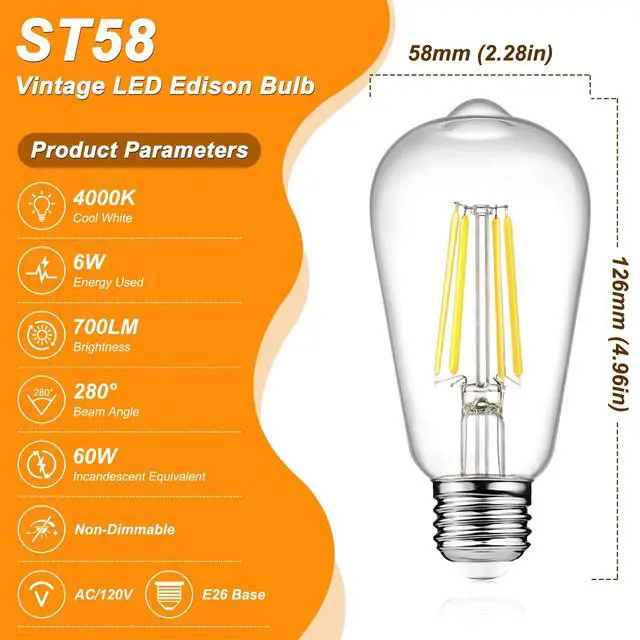 Alt view image 2 of 7 - Vintage LED Edison Bulbs, 6W, Equivalent 60W, Non-Dimmable, High Brightness Cool White 4000K, ST58 Antique LED Filament Bulbs with 80+ CRI, E26 Medium Base, Clear Glass, Pack of 6