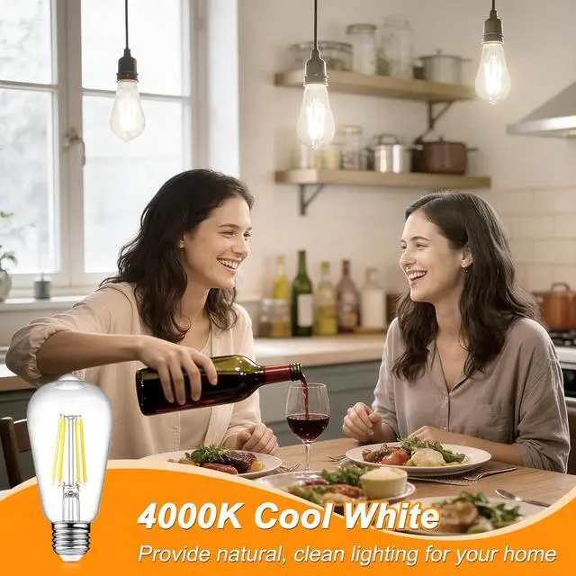 Alt view image 6 of 7 - Vintage LED Edison Bulbs, 6W, Equivalent 60W, Non-Dimmable, High Brightness Cool White 4000K, ST58 Antique LED Filament Bulbs with 80+ CRI, E26 Medium Base, Clear Glass, Pack of 6