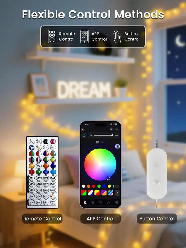 Alt view image 2 of 7 - 46ft 100LED Smart Color Changing Globe String Lights Indoor APP Control | Fairy Lights Plug in with Remote, Music Syn, Clear Wire Twinkle Light for Bedroom, Multicolor & Modes, Waterproof, Room Decor