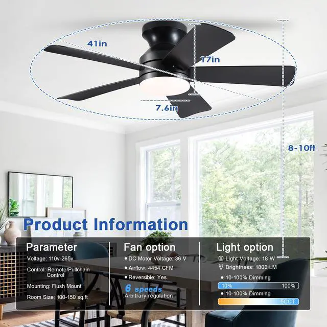 Alt view image 2 of 7 - 41 inch Ceiling Fans with Lights, Black Flush Mount Ceiling Fan with Remote, 3CCT, LED Dimmable, Reversible, 6 Fan Speeds, Quite Low Profile Ceiling Fan with Lights Modern Bedroom Kitchen Indoor