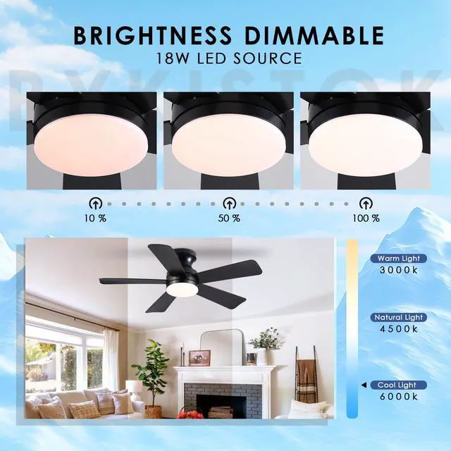 Alt view image 5 of 7 - 41 inch Ceiling Fans with Lights, Black Flush Mount Ceiling Fan with Remote, 3CCT, LED Dimmable, Reversible, 6 Fan Speeds, Quite Low Profile Ceiling Fan with Lights Modern Bedroom Kitchen Indoor