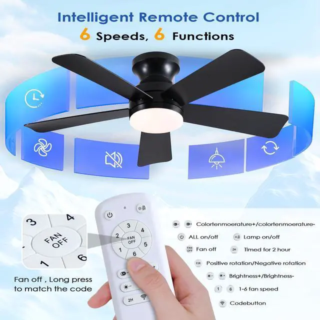 Alt view image 6 of 7 - 41 inch Ceiling Fans with Lights, Black Flush Mount Ceiling Fan with Remote, 3CCT, LED Dimmable, Reversible, 6 Fan Speeds, Quite Low Profile Ceiling Fan with Lights Modern Bedroom Kitchen Indoor