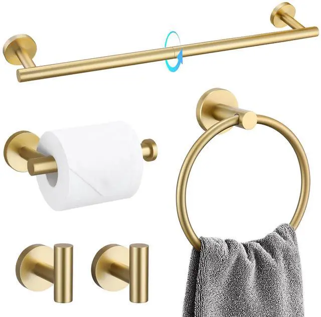 Main image of 5 Piece Bathroom Accessories Set Brushed Gold Bathroom Hardware Set 23.6 Inch Bath Towel Bar Set SUS304 Stainless Steel Towel Rack Set