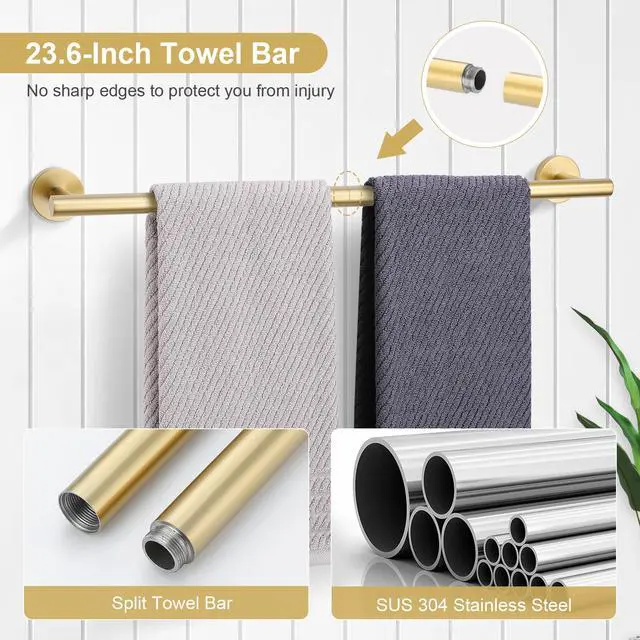 Alt view image 2 of 7 - 5 Piece Bathroom Accessories Set Brushed Gold Bathroom Hardware Set 23.6 Inch Bath Towel Bar Set SUS304 Stainless Steel Towel Rack Set