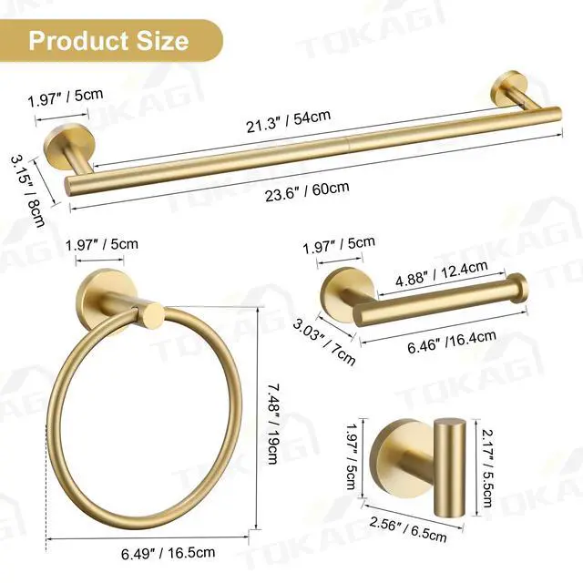 Alt view image 6 of 7 - 5 Piece Bathroom Accessories Set Brushed Gold Bathroom Hardware Set 23.6 Inch Bath Towel Bar Set SUS304 Stainless Steel Towel Rack Set
