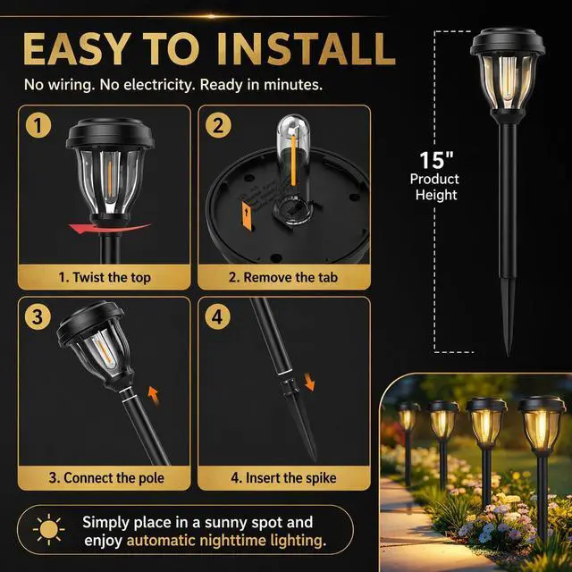Alt view image 6 of 7 - 12 Pack Solar Lights Outdoor, Solar Pathway Lights Auto On/Off Waterproof Garden Landscape Lighting for Path, Yard, Walkway, Driveway Decor