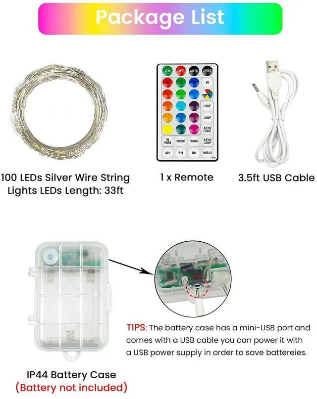 Alt view image 4 of 7 - RGB Color Changing 33Ft 100LED 4th of July Fairy Lights Battery Operated, Waterproof String Lights USB Powered with Timer for Indoor & Outdoor, 18 Colors & Multicolor for Independence Day Memorial Day