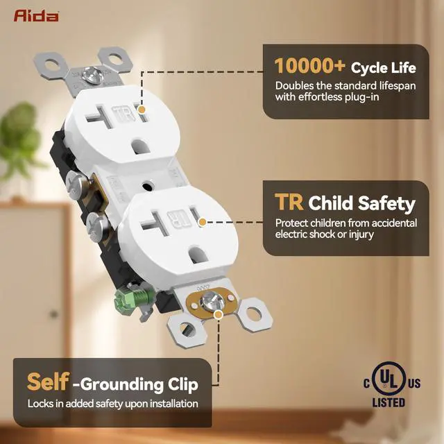 Alt view image 3 of 7 - 20 Amp Outlet Duplex Electrical Receptacle Outlets,Power Outlet,Tamper Resistant,Heavy-Duty Receptacle Wall Outlet,Residential,2Pole,3-Wire, Self-Grounding Clip, NEMA 5-20R,UL Listed 10 Pack
