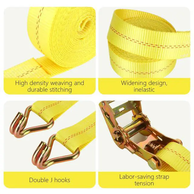 Alt view image 3 of 7 - 4 Pack 2 Inch Ratchet Straps Heavy Duty 20ft Tie Down Straps Ratchet with Double J Hook, 10000 LBS Break Strength, Cargo Ratchet Straps for Moving, Truck, Trailers, Motorcycles, Kayaks, Car Roof