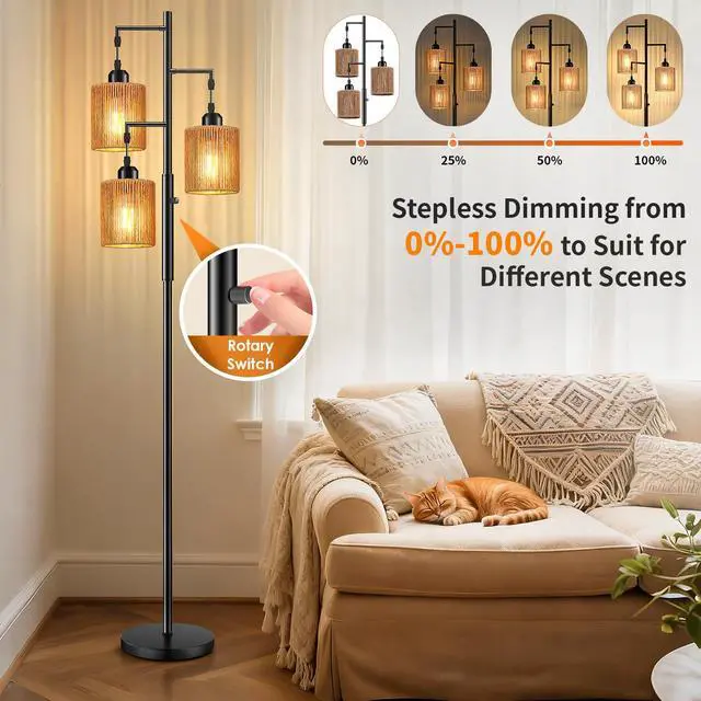 Alt view image 4 of 7 - 72" Boho Rattan Tree Floor Lamp, Tall Dimmable Industrial Standing Lamp, Corner Decor Accent Lighting for Living Room, Bedroom, Dining Room, Nursery, Cafe (3 x 800LM Bulbs Included) - Black