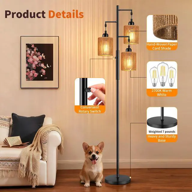 Alt view image 5 of 7 - 72" Boho Rattan Tree Floor Lamp, Tall Dimmable Industrial Standing Lamp, Corner Decor Accent Lighting for Living Room, Bedroom, Dining Room, Nursery, Cafe (3 x 800LM Bulbs Included) - Black