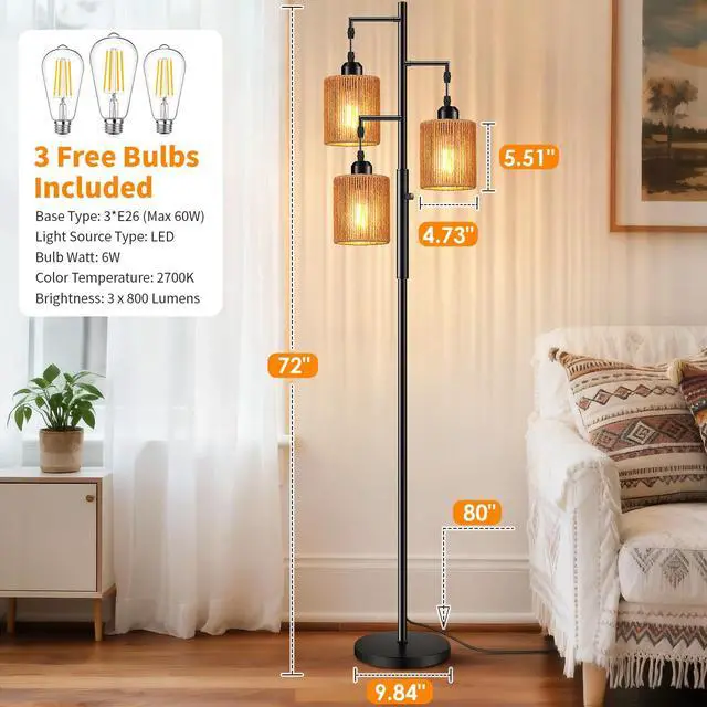 Alt view image 6 of 7 - 72" Boho Rattan Tree Floor Lamp, Tall Dimmable Industrial Standing Lamp, Corner Decor Accent Lighting for Living Room, Bedroom, Dining Room, Nursery, Cafe (3 x 800LM Bulbs Included) - Black