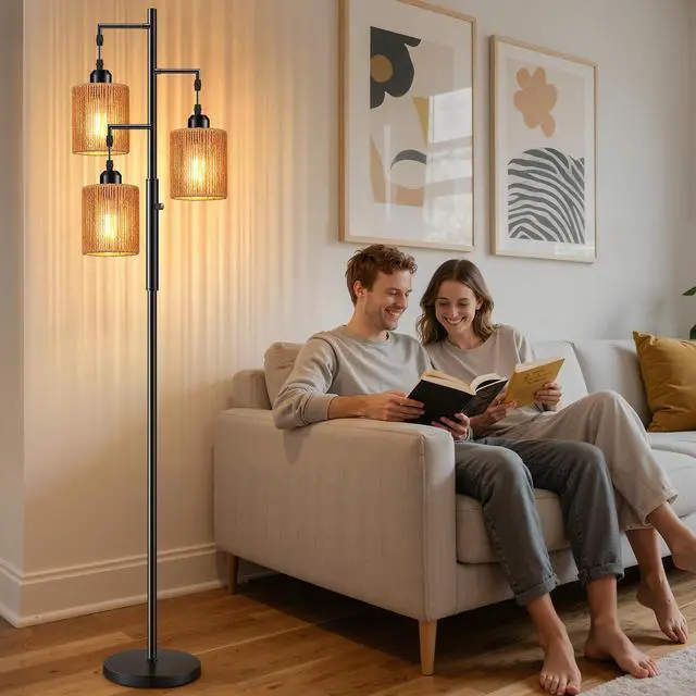 Alt view image 7 of 7 - 72" Boho Rattan Tree Floor Lamp, Tall Dimmable Industrial Standing Lamp, Corner Decor Accent Lighting for Living Room, Bedroom, Dining Room, Nursery, Cafe (3 x 800LM Bulbs Included) - Black