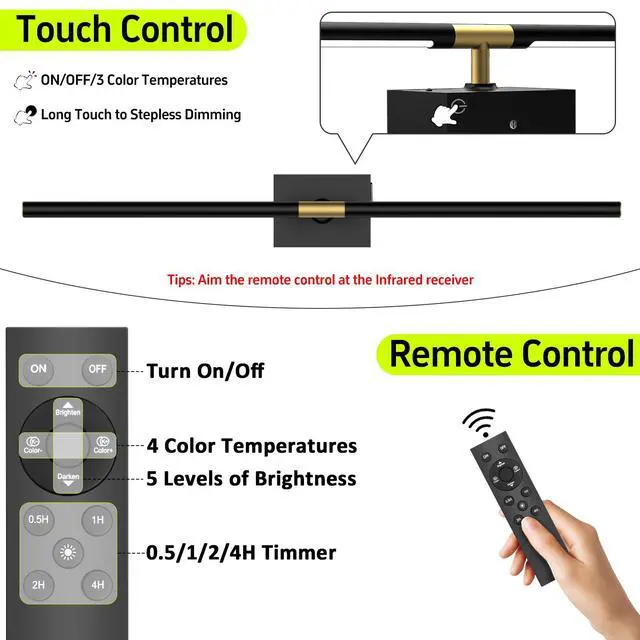 Alt view image 2 of 7 - Battery Operated Wall Sconce Wall Light Wireless, Black | 10000mAh, Remote Control, 360° Rotate, Rechargeable, for Bedroom Living Room Bathroom Hallway, 31.5 Inch
