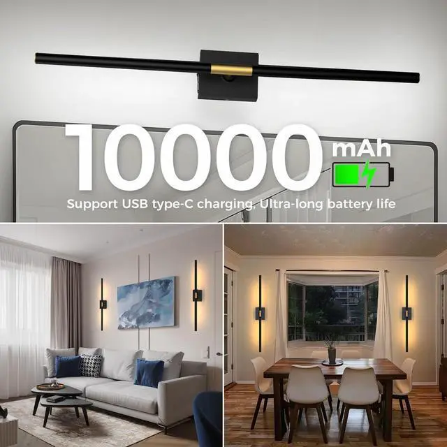 Alt view image 3 of 7 - Battery Operated Wall Sconce Wall Light Wireless, Black | 10000mAh, Remote Control, 360° Rotate, Rechargeable, for Bedroom Living Room Bathroom Hallway, 31.5 Inch