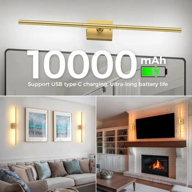 Alt view image 3 of 7 - 1 Pack Battery Operated Wall Sconce, Gold Wireless | Remote Control, LED Rechargeable Sconces, 31.5 Inch, Modern Cordless Wall Lights for Bedroom Living Room Picture