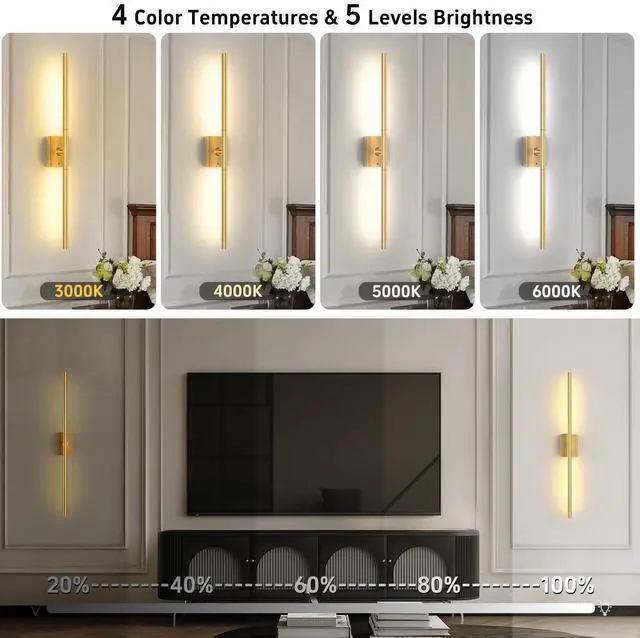 Alt view image 5 of 7 - 1 Pack Battery Operated Wall Sconce, Gold Wireless | Remote Control, LED Rechargeable Sconces, 31.5 Inch, Modern Cordless Wall Lights for Bedroom Living Room Picture
