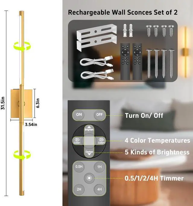 Alt view image 7 of 7 - 1 Pack Battery Operated Wall Sconce, Gold Wireless | Remote Control, LED Rechargeable Sconces, 31.5 Inch, Modern Cordless Wall Lights for Bedroom Living Room Picture