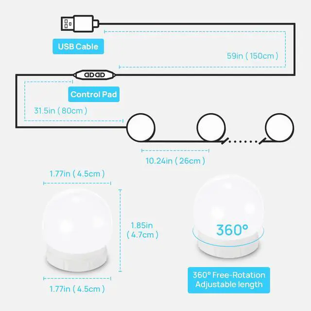 Alt view image 2 of 7 - LED Vanity Lights for Mirror, Hollywood Style 10 Dimmable Bulbs | Adjustable Color & Brightness, USB Cable, Mirror Lights Stick on for Makeup Table Dressing Room Mirror
