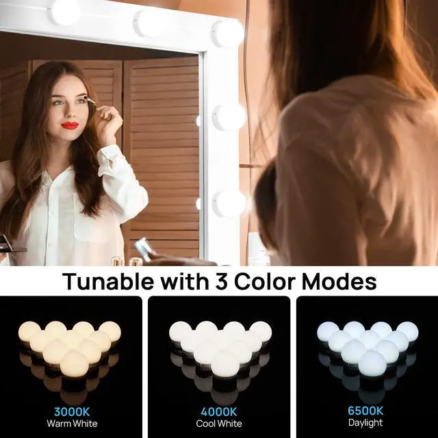 Alt view image 3 of 7 - LED Vanity Lights for Mirror, Hollywood Style 10 Dimmable Bulbs | Adjustable Color & Brightness, USB Cable, Mirror Lights Stick on for Makeup Table Dressing Room Mirror