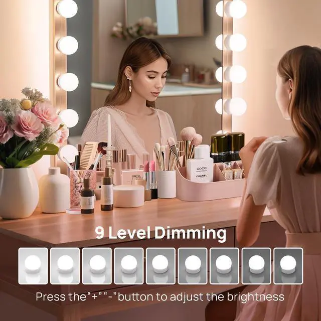 Alt view image 4 of 7 - LED Vanity Lights for Mirror, Hollywood Style 10 Dimmable Bulbs | Adjustable Color & Brightness, USB Cable, Mirror Lights Stick on for Makeup Table Dressing Room Mirror