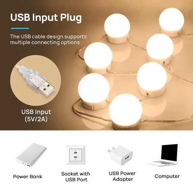 Alt view image 5 of 7 - LED Vanity Lights for Mirror, Hollywood Style 10 Dimmable Bulbs | Adjustable Color & Brightness, USB Cable, Mirror Lights Stick on for Makeup Table Dressing Room Mirror
