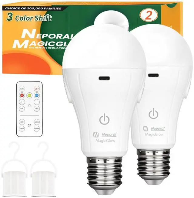 Main image of MagicGlow Rechargeable Light Bulbs with Remote, 3 Colors Shift + Dimmable Battery Powered Light Bulbs, USB Rechargeable, A19 Standard Emergency LED Light Bulbs, 15W, Up to 24 Hours, 2 Pack
