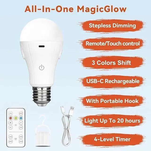 Alt view image 2 of 7 - MagicGlow Rechargeable Light Bulbs with Remote, 3 Colors Shift + Dimmable Battery Powered Light Bulbs, USB Rechargeable, A19 Standard Emergency LED Light Bulbs, 15W, Up to 24 Hours, 2 Pack