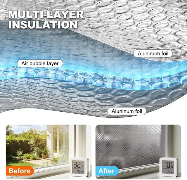 Alt view image 2 of 7 - Reflective Insulation Foam,48" x 10 Ft Window Insulation for Summer Heat,Aluminum Foil Bubble Insulation Roll for Keep Heat,Window Insulation Kit for RV, Thermal Insulation Cover for Window