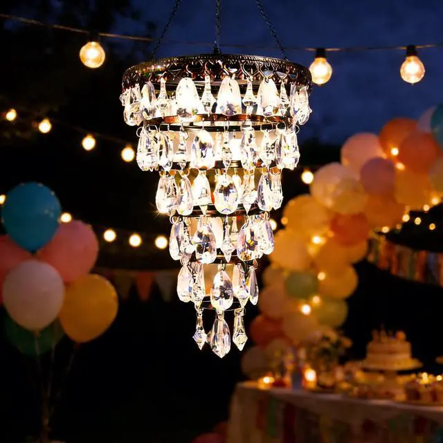 Alt view image 2 of 7 - Solar Hanging Crystal Chandelier Outdoor Waterproof Garden Light | Acrylic Beads Bright Warm LED Tree Hanging Lantern for Mom's Gifts Garden Gazebo, Party, Wedding Garden Decor