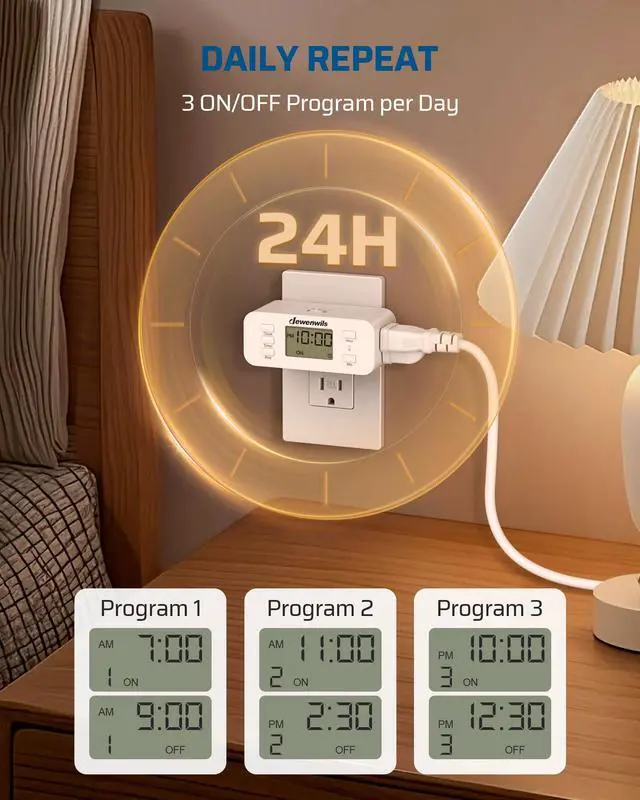 Alt view image 3 of 7 - 2Pack 24 Hour Programmable Digital Timer Outlet with 2 Outlets | 3 ON/Off Settings, 125V/15A Resistive/1000W Tungsten, 3 Prong Light Timer for Lamp, Fan, Aquarium, ecorations, Reptile Tanks