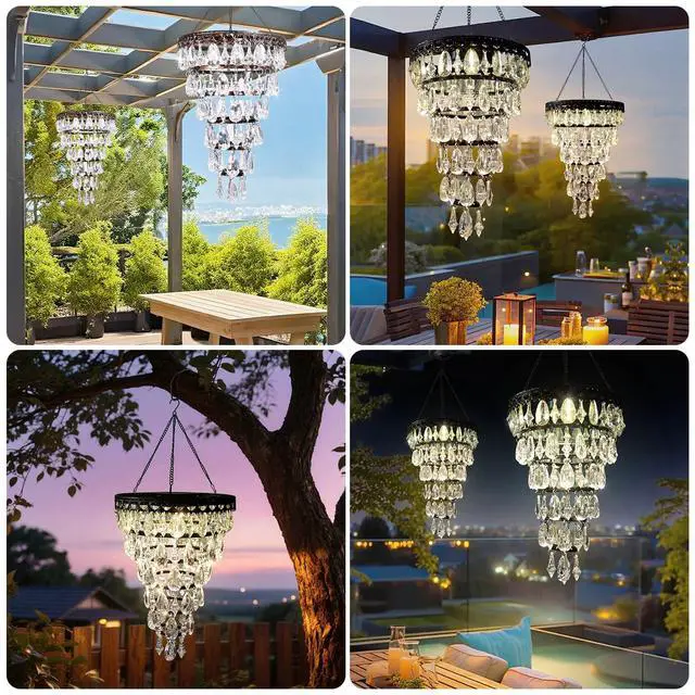 Alt view image 7 of 7 - Solar Hanging Crystal Chandelier Outdoor Waterproof Garden Light | Acrylic Beads Bright Warm LED Tree Hanging Lantern for Mom's Gifts Garden Gazebo, Party, Wedding Garden Decor