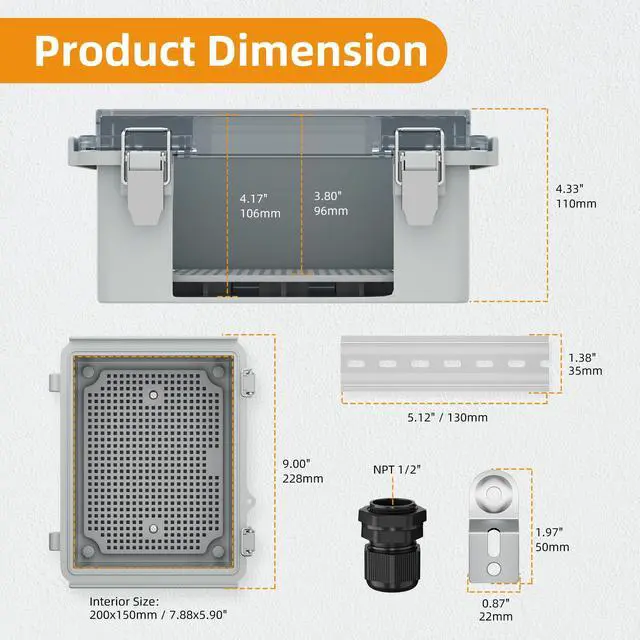Alt view image 2 of 6 - Outdoor Waterproof WiFi Enclosure 8.7x6.7x4.3 | Weatherproof Outdoor Electrical Junction Box, IP67 Rated, DIN Rail & Stainless Latch for Solar, Irrigation, Network & DIY