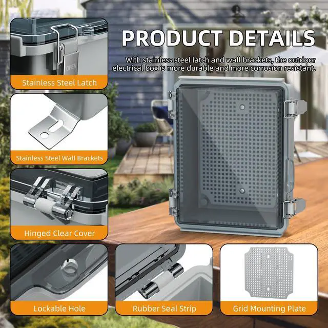 Alt view image 3 of 6 - Outdoor Waterproof WiFi Enclosure 8.7x6.7x4.3 | Weatherproof Outdoor Electrical Junction Box, IP67 Rated, DIN Rail & Stainless Latch for Solar, Irrigation, Network & DIY
