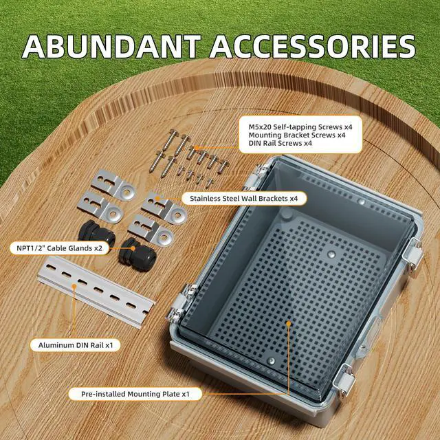 Alt view image 4 of 6 - Outdoor Waterproof WiFi Enclosure 8.7x6.7x4.3 | Weatherproof Outdoor Electrical Junction Box, IP67 Rated, DIN Rail & Stainless Latch for Solar, Irrigation, Network & DIY