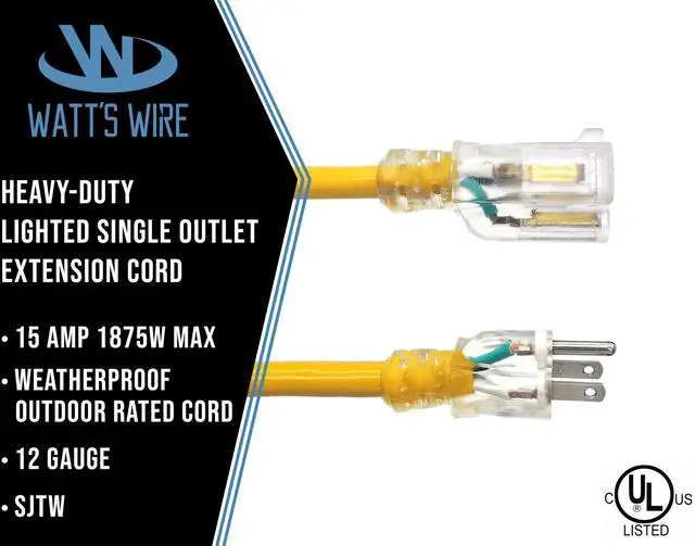 Alt view image 2 of 6 - 15 ft Outdoor Extension Cord Waterproof - 12 Gauge Heavy Duty Extension Cord 15 ft - Lighted Outdoor Extension Cords - Watts Wire - 15' Grounded - extensiones electricas