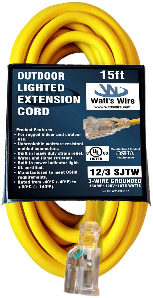 Alt view image 6 of 6 - 15 ft Outdoor Extension Cord Waterproof - 12 Gauge Heavy Duty Extension Cord 15 ft - Lighted Outdoor Extension Cords - Watts Wire - 15' Grounded - extensiones electricas