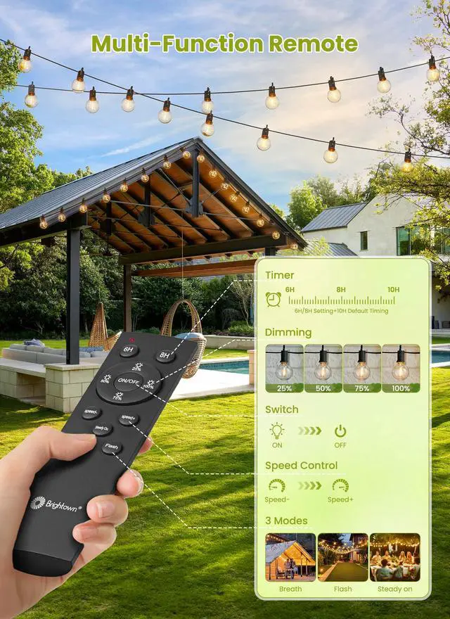 Alt view image 2 of 7 - 58FT Solar String Lights Outdoor, IP65 Waterproof, Remote, Timer | Patio Lights with 17 LED Shatterproof Bulbs, 3 Light Modes, Dimmable, Outside Light for Backyard Porch Yard Party Xmas Decor
