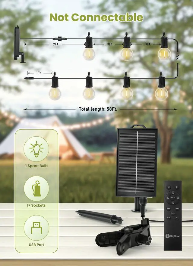 Alt view image 7 of 7 - 58FT Solar String Lights Outdoor, IP65 Waterproof, Remote, Timer | Patio Lights with 17 LED Shatterproof Bulbs, 3 Light Modes, Dimmable, Outside Light for Backyard Porch Yard Party Xmas Decor