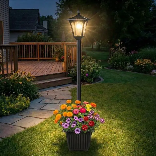 Alt view image 3 of 6 - 76" Solar Lamp Post Lights with Planter, Glass & Metal Street Light Outdoor Waterproof, 60 Lumens Dusk to Dawn Solar Pole Light for Garden, Yard, Driveway, Porch, Patio, Warm White