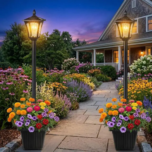 Alt view image 6 of 6 - 76" Solar Lamp Post Lights with Planter, Glass & Metal Street Light Outdoor Waterproof, 60 Lumens Dusk to Dawn Solar Pole Light for Garden, Yard, Driveway, Porch, Patio, Warm White
