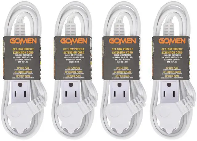 Main image of 6 Feet Indoor Extension Cord with 3 Outlets, AWG 16/3 Angled Flat Plug Power Strip, 3 Prong Grounded, 13 Amps - 1625 Watts - 125 VAC, White, 4 Pack
