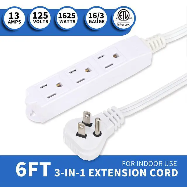 Alt view image 2 of 7 - 6 Feet Indoor Extension Cord with 3 Outlets, AWG 16/3 Angled Flat Plug Power Strip, 3 Prong Grounded, 13 Amps - 1625 Watts - 125 VAC, White, 4 Pack