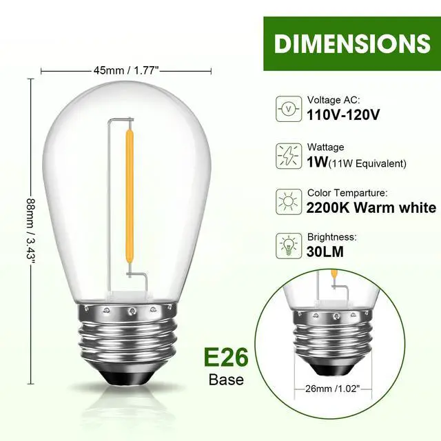 Alt view image 4 of 7 - LED S14 Replacement Light Bulbs for Outdoor String Lights, 1W Shatterproof Edison Light Bulbs for Outside Patio Garden, E26 Standard Base, Dimmable, 2200K Warm White, 15 Pack