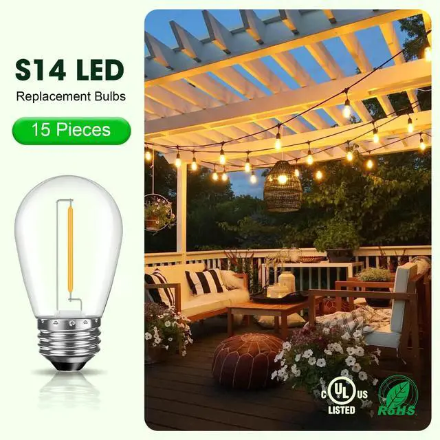 Alt view image 6 of 7 - LED S14 Replacement Light Bulbs for Outdoor String Lights, 1W Shatterproof Edison Light Bulbs for Outside Patio Garden, E26 Standard Base, Dimmable, 2200K Warm White, 15 Pack