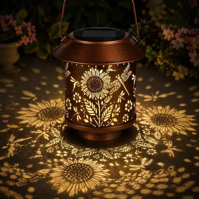Main image of Sunflower Solar Lantern Outdoor Hanging Gifts for Women Mom Grandma | Dragonflies Garden Lovers Rustic Bronze Metal Garden Lantern with Flower Shadow Projection, Solar Light for Patio Porch Yard